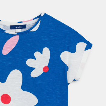 تيشيرت بأكمام قصيرة مزين برسوم، باللون الأزرق للفتيات